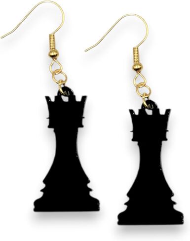 Chess Piece Earrings in Black or White Acrylic, King, Queen, Knight, Bishop, Castle, Pawn (Black/Gold, Queen) in Saudi Arabia