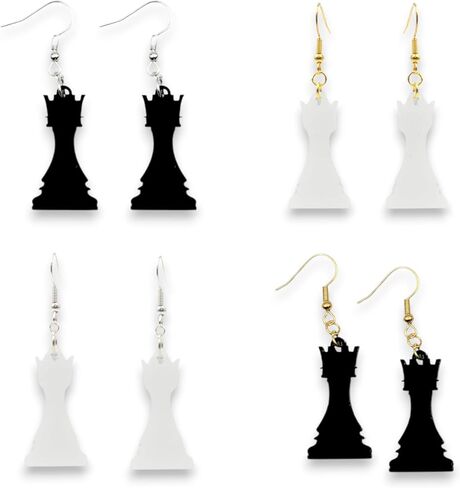 Chess Piece Earrings in Black or White Acrylic, King, Queen, Knight, Bishop, Castle, Pawn (Black/Gold, Queen) in Saudi Arabia