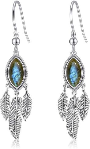 Feather Dangle Earrings for Women 925 Sterling Silver Earrings Turquoise/Labradorite/Black Onyx/Moonstone/Opal Drop Earrings with Feather Boho Vintage Leaf Hook Earrings Western Jewelry Gifts in Saudi Arabia