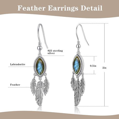 Feather Dangle Earrings for Women 925 Sterling Silver Earrings Turquoise/Labradorite/Black Onyx/Moonstone/Opal Drop Earrings with Feather Boho Vintage Leaf Hook Earrings Western Jewelry Gifts in Saudi Arabia