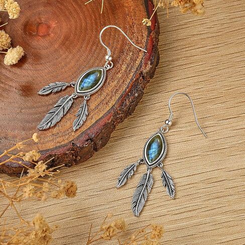 Feather Dangle Earrings for Women 925 Sterling Silver Earrings Turquoise/Labradorite/Black Onyx/Moonstone/Opal Drop Earrings with Feather Boho Vintage Leaf Hook Earrings Western Jewelry Gifts in Saudi Arabia