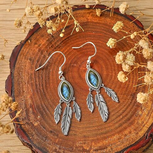 Feather Dangle Earrings for Women 925 Sterling Silver Earrings Turquoise/Labradorite/Black Onyx/Moonstone/Opal Drop Earrings with Feather Boho Vintage Leaf Hook Earrings Western Jewelry Gifts in Saudi Arabia