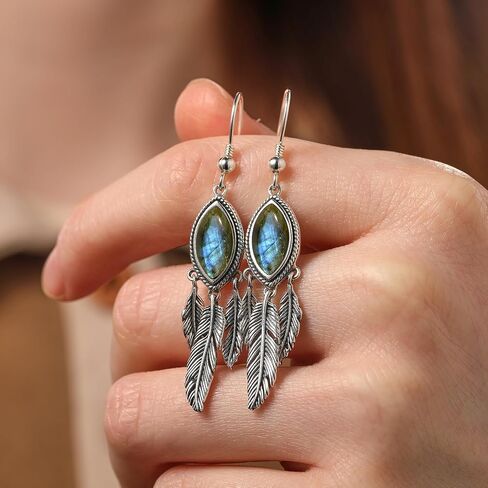 Feather Dangle Earrings for Women 925 Sterling Silver Earrings Turquoise/Labradorite/Black Onyx/Moonstone/Opal Drop Earrings with Feather Boho Vintage Leaf Hook Earrings Western Jewelry Gifts in Saudi Arabia