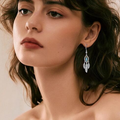 Feather Dangle Earrings for Women 925 Sterling Silver Earrings Turquoise/Labradorite/Black Onyx/Moonstone/Opal Drop Earrings with Feather Boho Vintage Leaf Hook Earrings Western Jewelry Gifts in Saudi Arabia
