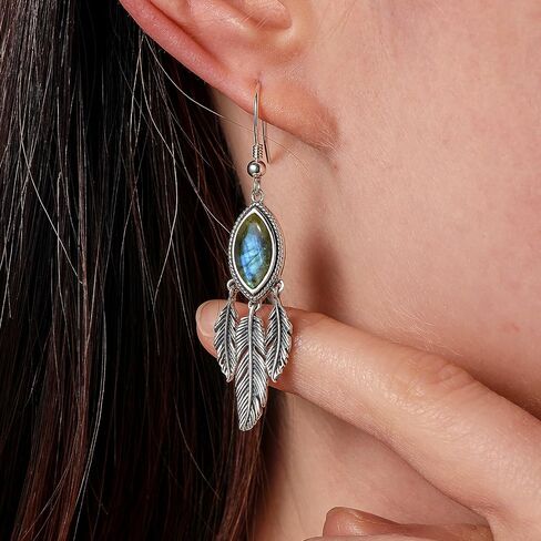 Feather Dangle Earrings for Women 925 Sterling Silver Earrings Turquoise/Labradorite/Black Onyx/Moonstone/Opal Drop Earrings with Feather Boho Vintage Leaf Hook Earrings Western Jewelry Gifts in Saudi Arabia