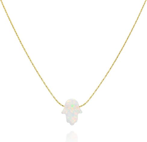 Delicate 14K Gold Filled Opal Hamsa Choker Necklace - Delicate Thin Gold Chain with Sparkling White Opal Hand Charm for Modern Protection (White, Gold Filled) in Saudi Arabia