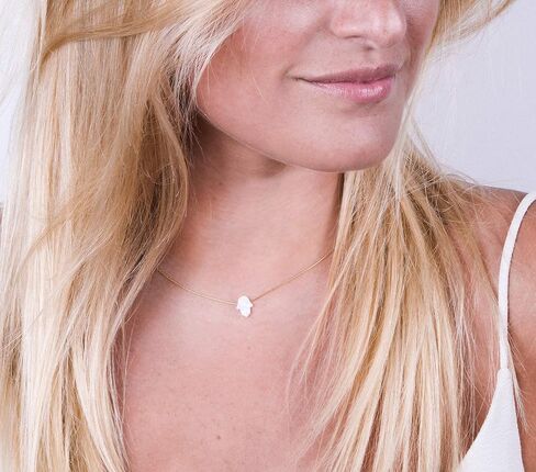 Delicate 14K Gold Filled Opal Hamsa Choker Necklace - Delicate Thin Gold Chain with Sparkling White Opal Hand Charm for Modern Protection (White, Gold Filled) in Saudi Arabia