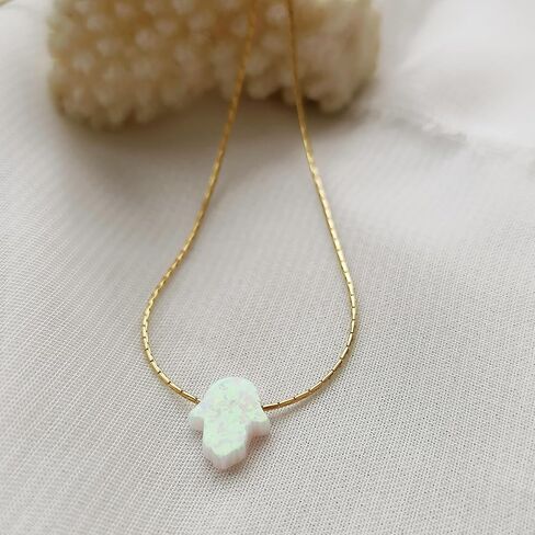 Delicate 14K Gold Filled Opal Hamsa Choker Necklace - Delicate Thin Gold Chain with Sparkling White Opal Hand Charm for Modern Protection (White, Gold Filled) in Saudi Arabia