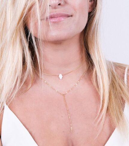 Delicate 14K Gold Filled Opal Hamsa Choker Necklace - Delicate Thin Gold Chain with Sparkling White Opal Hand Charm for Modern Protection (White, Gold Filled) in Saudi Arabia