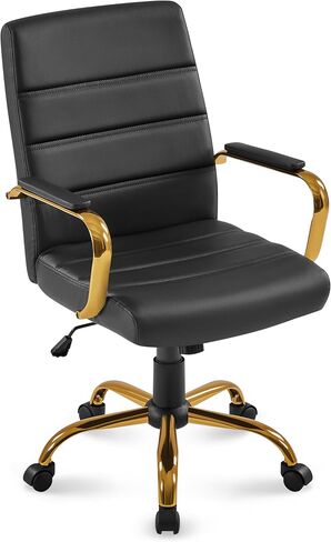 Yaheetech Mid-Back Office Chair PU Leather Desk Chair Adjustable Executive Task Chair w/Lumber Support Gold Leg White Seat in Kuwait