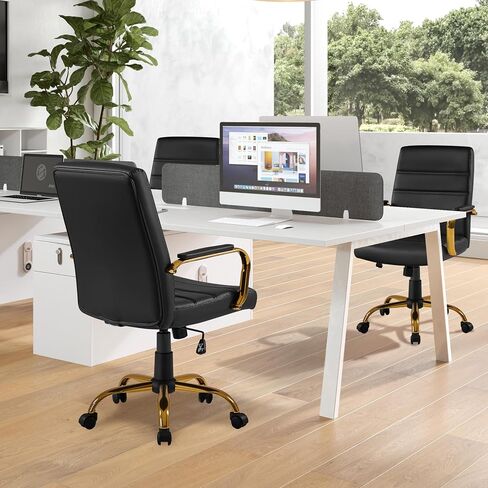 Yaheetech Mid-Back Office Chair PU Leather Desk Chair Adjustable Executive Task Chair w/Lumber Support Gold Leg White Seat in Kuwait