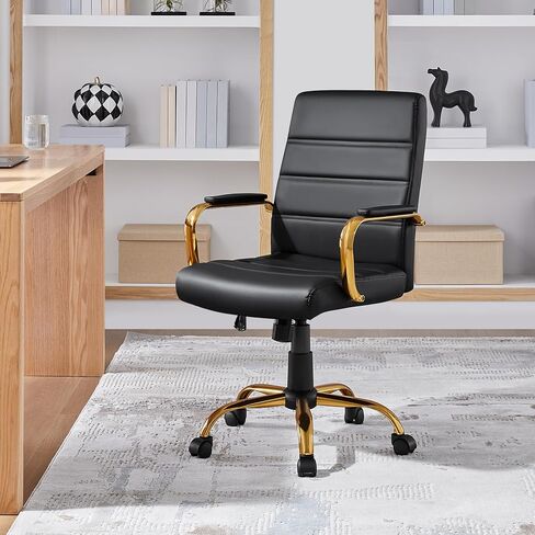 Yaheetech Mid-Back Office Chair PU Leather Desk Chair Adjustable Executive Task Chair w/Lumber Support Gold Leg White Seat in Kuwait