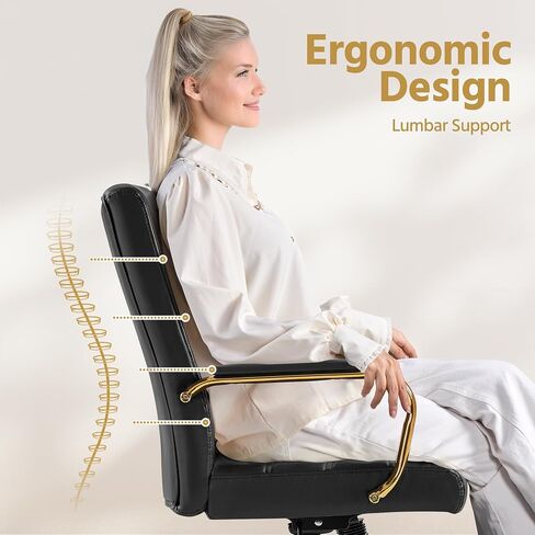 Yaheetech Mid-Back Office Chair PU Leather Desk Chair Adjustable Executive Task Chair w/Lumber Support Gold Leg White Seat in Kuwait