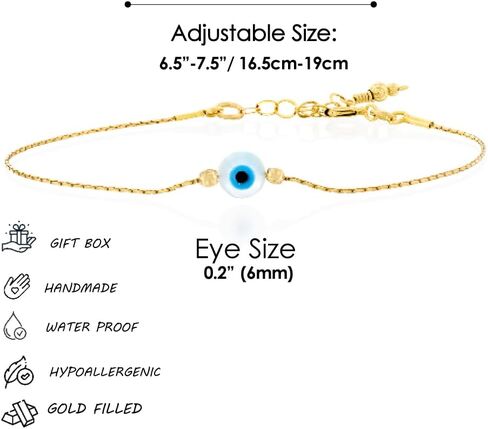 Minimalist Evil Eye Charm on a Thin Gold Filled Bracelet - Handmade Delicate Good Luck Protection Bracelet - Length 6.5 + 1 inch extending (Round Eye, Gold Filled) in Saudi Arabia