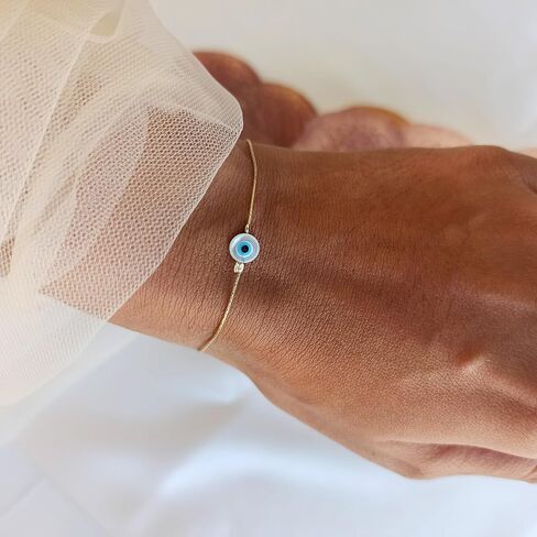 Minimalist Evil Eye Charm on a Thin Gold Filled Bracelet - Handmade Delicate Good Luck Protection Bracelet - Length 6.5 + 1 inch extending (Round Eye, Gold Filled) in Saudi Arabia