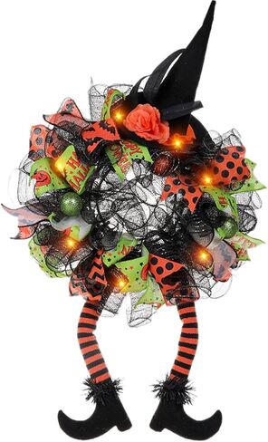 Halloween Door Witch Wreaths with Lights,Burlap Outdoor Front Door Witch Wreath for Home Indoor Outdoor Party in Saudi Arabia