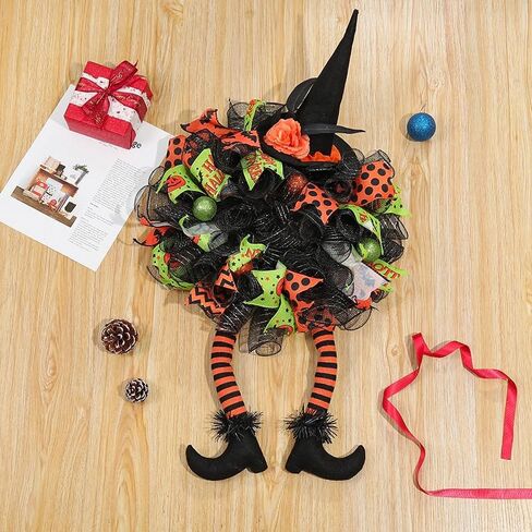 Halloween Door Witch Wreaths with Lights,Burlap Outdoor Front Door Witch Wreath for Home Indoor Outdoor Party in Saudi Arabia