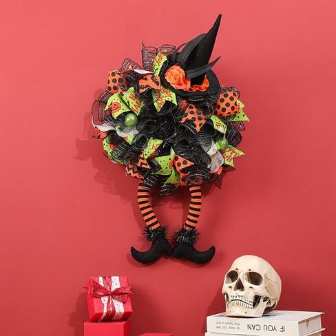 Halloween Door Witch Wreaths with Lights,Burlap Outdoor Front Door Witch Wreath for Home Indoor Outdoor Party in Saudi Arabia