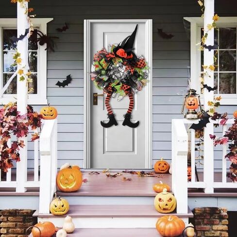 Halloween Door Witch Wreaths with Lights,Burlap Outdoor Front Door Witch Wreath for Home Indoor Outdoor Party in Saudi Arabia