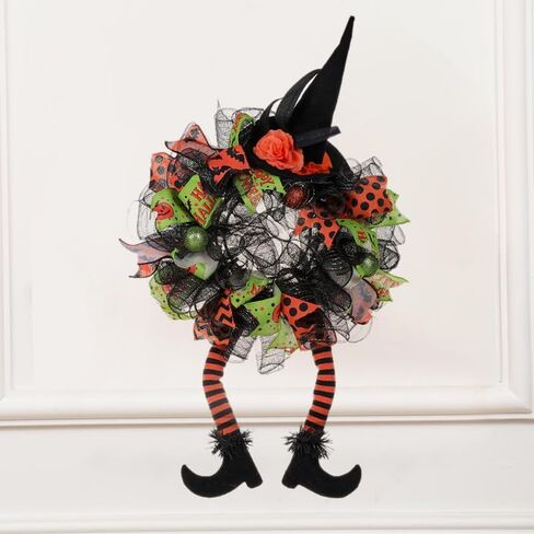 Halloween Door Witch Wreaths with Lights,Burlap Outdoor Front Door Witch Wreath for Home Indoor Outdoor Party in Saudi Arabia