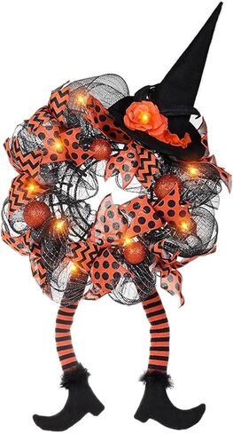 Halloween Door Witch Wreaths with Lights,Burlap Outdoor Front Door Witch Wreath for Home Indoor Outdoor Party in Saudi Arabia