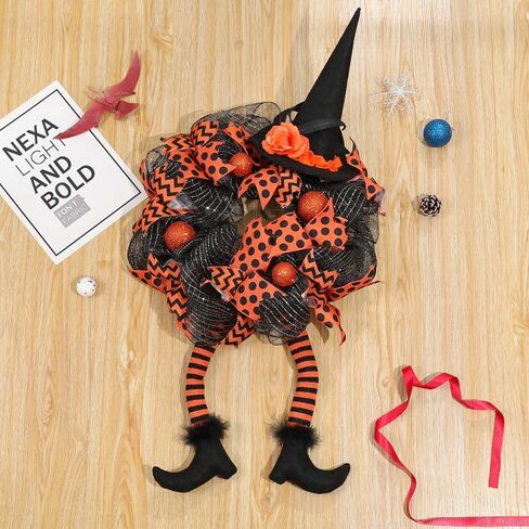 Halloween Door Witch Wreaths with Lights,Burlap Outdoor Front Door Witch Wreath for Home Indoor Outdoor Party in Saudi Arabia