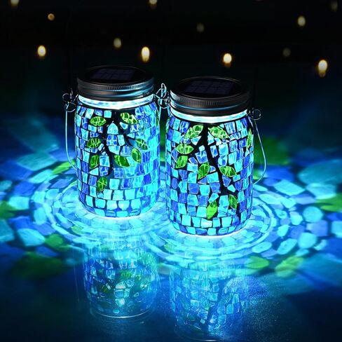 Uspring Stained Glass Mosaic Solar Lanterns Outdoor Waterproof Garden Decor Hanging Solar Jar Lights Gifts for Women Mom Grandma Handmade Outdoor Lantern Lamp for Patio Porch Yard Balcony Table Decor in Saudi Arabia