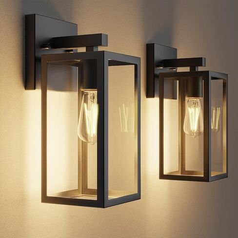 Outdoor Wall Lights, 12.4 Inch Waterproof Lanterns with Frame and Clear Glass Shade, Exterior Front Porch Lights Matte Black Wall Sconce, Modern Mounted Lighting for Patio Entryway Hallway, 2 Pack in Saudi Arabia