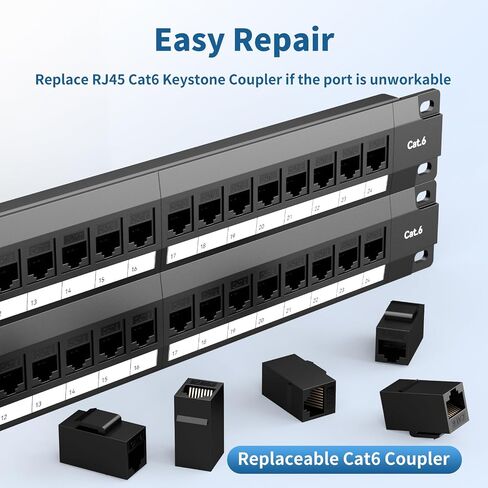 24 Port Cat6 Patch Panel, 10G Pass-Through Keystone RJ45 Coupler, UTP 19-Inch 1U Patch Panel with Removable Back Bar, Ethernet Network Patch Panel for Cat5, Cat5e, Cat6 Cabling in Kuwait