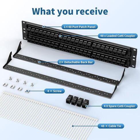 24 Port Cat6 Patch Panel, 10G Pass-Through Keystone RJ45 Coupler, UTP 19-Inch 1U Patch Panel with Removable Back Bar, Ethernet Network Patch Panel for Cat5, Cat5e, Cat6 Cabling in Kuwait