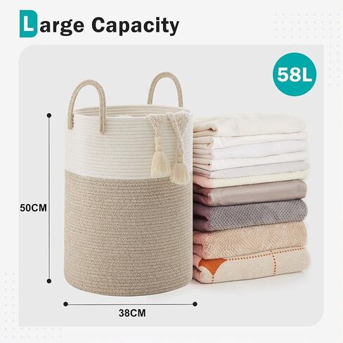 Cotton Rope Laundry Basket by YOUDENOVA, 58L Woven Collapsible Laundry Hamper, Clothes Hamper with Reinforced Handles in the Laundry Room, Bedroom, Bathroom, Brown in Saudi Arabia