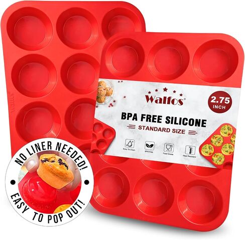 Walfos Muffin Pan Set - 12 Cups Regular Silicone Cupcake Pan, Non-stick and BPA Free, Great for Making Muffin Cakes, Tart, Fat Bombs - Dishwasher Safe, 2-Piece in Saudi Arabia