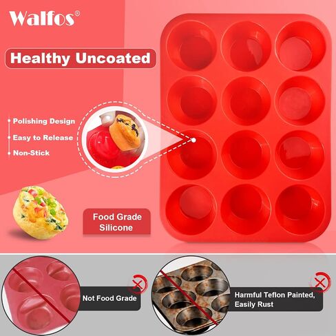 Walfos Muffin Pan Set - 12 Cups Regular Silicone Cupcake Pan, Non-stick and BPA Free, Great for Making Muffin Cakes, Tart, Fat Bombs - Dishwasher Safe, 2-Piece in Saudi Arabia