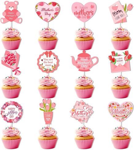 30 pcs Mother's Day Cupcake Topper Happy Mother's Day Pink Party Cake Decorations Cupcake Toppers Picks for Mother's Birthday Party 30pcs (Teddy Bear Pink) in Saudi Arabia