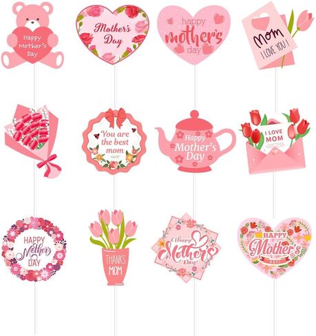 30 pcs Mother's Day Cupcake Topper Happy Mother's Day Pink Party Cake Decorations Cupcake Toppers Picks for Mother's Birthday Party 30pcs (Teddy Bear Pink) in Saudi Arabia