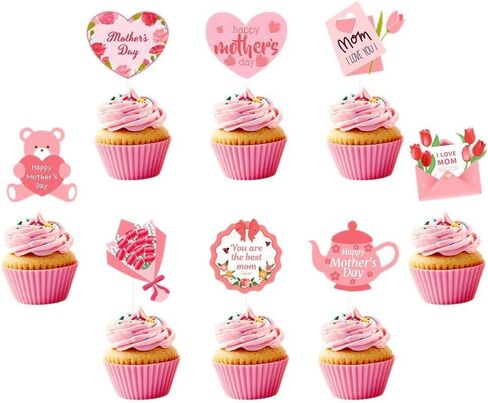 30 pcs Mother's Day Cupcake Topper Happy Mother's Day Pink Party Cake Decorations Cupcake Toppers Picks for Mother's Birthday Party 30pcs (Teddy Bear Pink) in Saudi Arabia