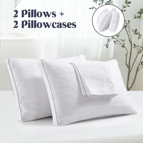 puredown® Goose Feather Down Pillow with 2 Pillowcases, Soft Fluffy Medium Firm Luxury Hotel Collection Pillow for Sleeping, Bed Pillows Queen Size Set of 2 for Side Back, Stomach or Sleeper. in Kuwait