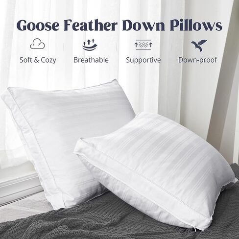 puredown® Goose Feather Down Pillow with 2 Pillowcases, Soft Fluffy Medium Firm Luxury Hotel Collection Pillow for Sleeping, Bed Pillows Queen Size Set of 2 for Side Back, Stomach or Sleeper. in Kuwait
