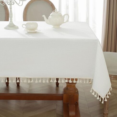 Table Cloth Rectangle Table Heavy Duty Cotton Linen Texture Tablecloth Farmhouse Waterproof Wrinkle Free Table Cover with Ivory Tassel for Kitchen Dining Holiday Party, Ivory, 55" x 75" in Kuwait