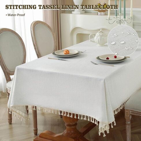 Table Cloth Rectangle Table Heavy Duty Cotton Linen Texture Tablecloth Farmhouse Waterproof Wrinkle Free Table Cover with Ivory Tassel for Kitchen Dining Holiday Party, Ivory, 55" x 75" in Kuwait