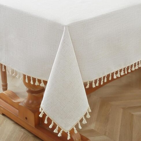 Table Cloth Rectangle Table Heavy Duty Cotton Linen Texture Tablecloth Farmhouse Waterproof Wrinkle Free Table Cover with Ivory Tassel for Kitchen Dining Holiday Party, Ivory, 55" x 75" in Kuwait