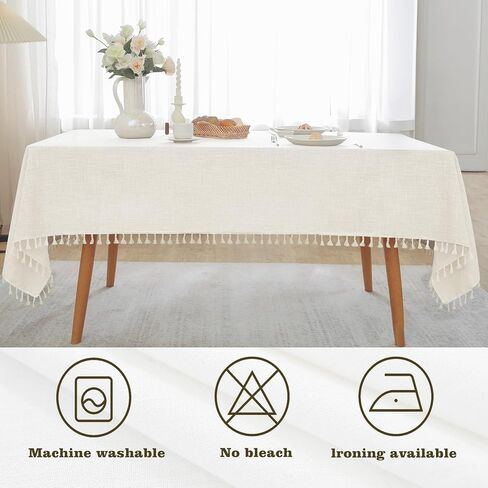 Table Cloth Rectangle Table Heavy Duty Cotton Linen Texture Tablecloth Farmhouse Waterproof Wrinkle Free Table Cover with Ivory Tassel for Kitchen Dining Holiday Party, Ivory, 55" x 75" in Kuwait