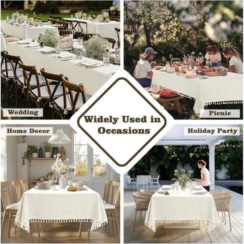 Table Cloth Rectangle Table Heavy Duty Cotton Linen Texture Tablecloth Farmhouse Waterproof Wrinkle Free Table Cover with Ivory Tassel for Kitchen Dining Holiday Party, Ivory, 55" x 75" in Kuwait