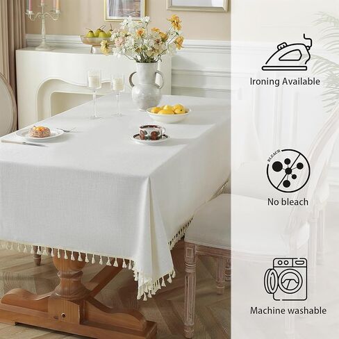 Table Cloth Rectangle Table Heavy Duty Cotton Linen Texture Tablecloth Farmhouse Waterproof Wrinkle Free Table Cover with Ivory Tassel for Kitchen Dining Holiday Party, Ivory, 55" x 75" in Kuwait