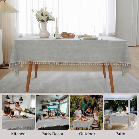 Table Cloth Rectangle Table Heavy Duty Cotton Linen Texture Tablecloth Farmhouse Waterproof Wrinkle Free Table Cover with Ivory Tassel for Kitchen Dining Holiday Party, Ivory, 55" x 75" in Kuwait