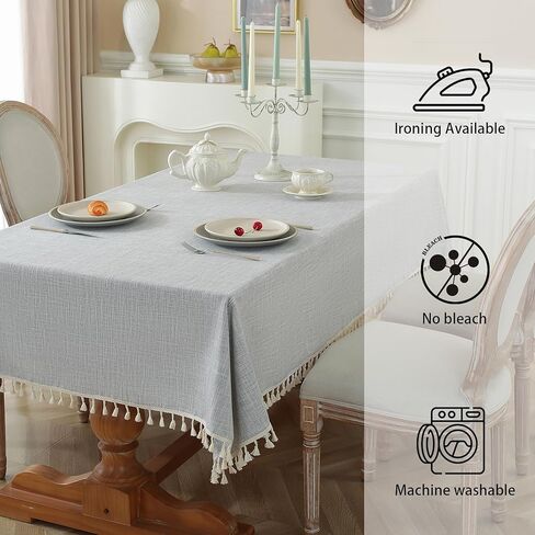 Table Cloth Rectangle Table Heavy Duty Cotton Linen Texture Tablecloth Farmhouse Waterproof Wrinkle Free Table Cover with Ivory Tassel for Kitchen Dining Holiday Party, Ivory, 55" x 75" in Kuwait