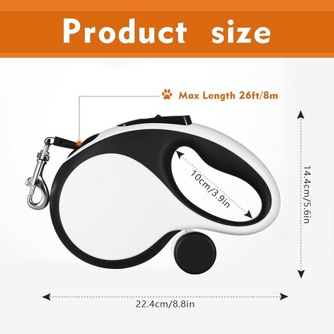26Ft Retractable Dog Leash with Chew Proof Cable,Heavy Duty Dog Leash with Removable Poop Bags for Medium Large Dogs up to 110lbs,Strong Nylon Tape No Tangle,One-Handed Brake (White) in Saudi Arabia