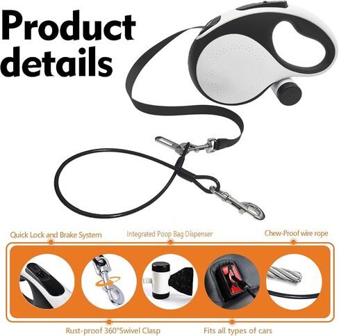 26Ft Retractable Dog Leash with Chew Proof Cable,Heavy Duty Dog Leash with Removable Poop Bags for Medium Large Dogs up to 110lbs,Strong Nylon Tape No Tangle,One-Handed Brake (White) in Saudi Arabia