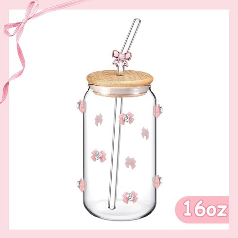 Hoolerry Coquette Aesthetic Cup, 16 oz Dainty Pink Glass Cup with Lid and Straw, Vintage Bows Coquette Inspired Aesthetic Drinking Jar for Women Valentine's Day Birthday Gift(Bow Plant) in Saudi Arabia