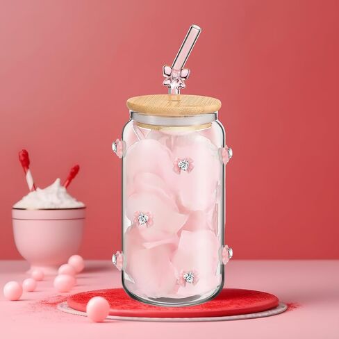 Hoolerry Coquette Aesthetic Cup, 16 oz Dainty Pink Glass Cup with Lid and Straw, Vintage Bows Coquette Inspired Aesthetic Drinking Jar for Women Valentine's Day Birthday Gift(Bow Plant) in Saudi Arabia